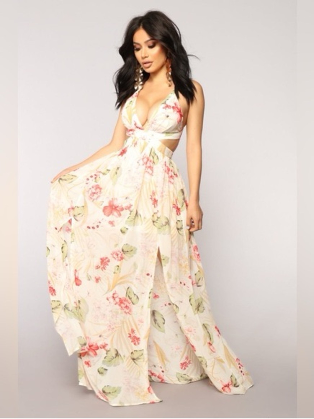 Fashion Nova Cream Floral Halter Maxi Dress with Pink Accents